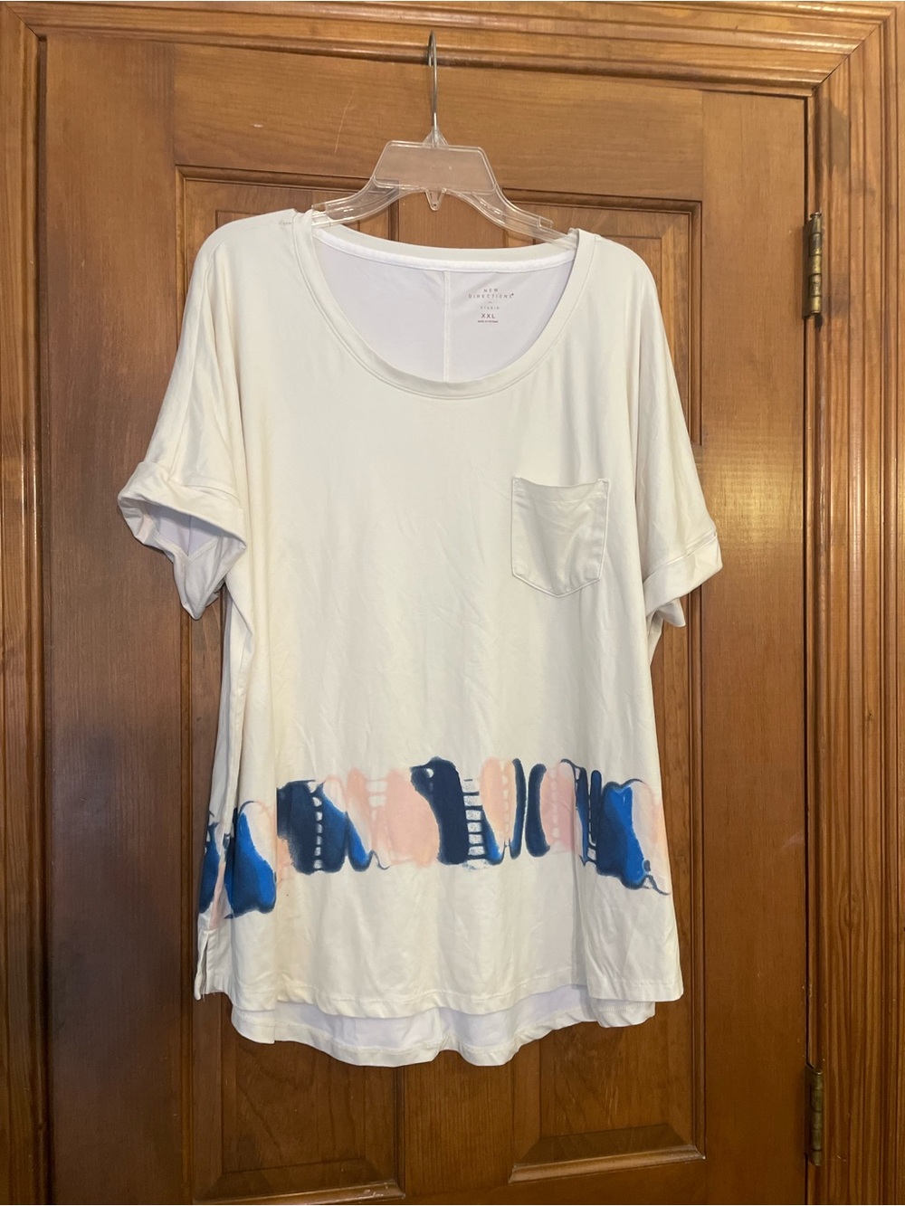 New‎ Directions Cream Pocket Tee Cuff Sleeve with Blue/Blush Abstract Hem Sz XXL